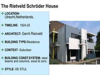 The Rietveld Schröder House
 LOCATION-
Utrecht,Netherlands.
 TIMELINE- 1924-25
 ARCHITECT- Gerrit Rietveld
 BUILDING TYPE-Residence
 CONTEXT- Suburban
 BUILDING CONST.SYSTEM- steel
beams and columns, wood & conc.
 STYLE- DE STIJL
 