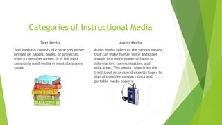 Categories of Instructional Media
Text Media
Text media is consists of characters either
printed on papers, books, or projected
from a computer screen. It is the most
commonly used media in most classrooms
today.
Audio Media
Audio media refers to the various means
that can make human voice and other
sounds into more powerful forms of
information, communication, and
education. This media range from the
traditional records and cassette tapes to
digital ones like compact discs and
portable media players.
 