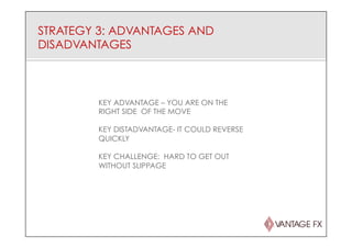 STRATEGY 3: ADVANTAGES AND
DISADVANTAGES
KEY ADVANTAGE – YOU ARE ON THE
RIGHT SIDE OF THE MOVE
KEY DISTADVANTAGE- IT COULD REVERSE
QUICKLY
KEY CHALLENGE: HARD TO GET OUT
WITHOUT SLIPPAGE
 