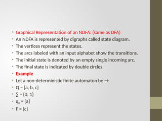 • Graphical Representation of an NDFA: (same as DFA)
• An NDFA is represented by digraphs called state diagram.
• The vertices represent the states.
• The arcs labeled with an input alphabet show the transitions.
• The initial state is denoted by an empty single incoming arc.
• The final state is indicated by double circles.
• Example
• Let a non-deterministic finite automaton be →
• Q = {a, b, c}
• ∑ = {0, 1}
• q0 = {a}
• F = {c}
 