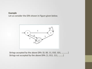 Example
Let us consider the DFA shown in Figure given below.
Strings accepted by the above DFA: {0, 00, 11, 010, 101, ...........}
Strings not accepted by the above DFA: {1, 011, 111, ........}
 