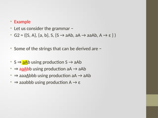 • Example
• Let us consider the grammar −
• G2 = ({S, A}, {a, b}, S, {S → aAb, aA → aaAb, A → ε } )
• Some of the strings that can be derived are −
• S ⇒ aAb using production S → aAb
• ⇒ aaAbb using production aA → aAb
• ⇒ aaaAbbb using production aA → aAb
• ⇒ aaabbb using production A → ε
 
