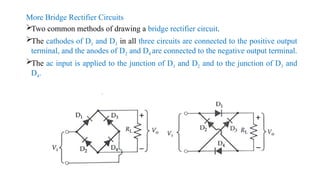 More Bridge Rectifier Circuits
Two common methods of drawing a bridge rectifier circuit.
The cathodes of D1 and D3 in all three circuits are connected to the positive output
terminal, and the anodes of D2 and D4 are connected to the negative output terminal.
The ac input is applied to the junction of D1 and D2 and to the junction of D3 and
D4.
 