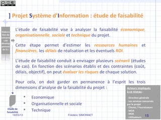 ] Projet Système d’Information : étude de faisabilité

      L’étude de faisabilité vise à analyser la faisabilité économique,
      organisationnelle, sociale et technique du projet.

      Cette étape permet d’estimer les ressources humaines et
      financières, les délais de réalisation et les éventuels ROI.

      L’étude de faisabilité conduit à envisager plusieurs scénarii (études
      de cas). En fonction des scénarios établis et des contraintes (coût,
      délais, objectif), on peut évaluer les risques de chaque solution.

      Pour cela, on doit garder en permanence à l’esprit les trois
      dimensions d’analyse de la faisabilité du projet :
                   Economique
                   Organisationnelle et sociale
 Etude de
faisabilité
                   Technique
     19/03/13                           Frédéric SIMONNET                 15
 