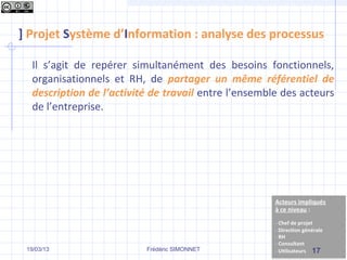 ] Projet Système d’Information : analyse des processus

  Il s’agit de repérer simultanément des besoins fonctionnels,
  organisationnels et RH, de partager un même référentiel de
  description de l’activité de travail entre l’ensemble des acteurs
  de l’entreprise.




 19/03/13                 Frédéric SIMONNET                   17
 