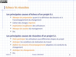 ] Echecs Vs réussites

  Les principales causes d’échecs d’un projet S.I.
           Manque de préparation quant à la définition des besoins et à
            l’accompagnement du changement
           Cahier des charges imprécis
           Implication insuffisante des utilisateurs
           Manque de soutien du management
           Etc.

  Les principales causes de réussites d’un projet S.I.
           Faire participer les utilisateurs aux différentes étapes du projet
           Anticiper les conditions de réalisation du travail
           Définir les mesures d’accompagnement adaptées à la conduite du
            changement
           Anticiper les changements
           Etc.
 19/03/13                          Frédéric SIMONNET                             7
 
