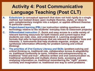 Activity 4: Post Communicative
      Language Teaching (Post CLT)
A.   Eclecticism (a conceptual approach that does not hold rigidly to a single
     method, but instead draws upon multiple theories, styles, or ideas to
     gain complementary insights into a subject, or applies different theories
     in particular cases)
B.   Project-based learning (PBL) (an instruction relating questions and
     technology relative to the students' everyday lives to classroom projects)
C.   Differentiated instruction (1. Quick and easy access to a wide variety of
     relevant learning resources for both historic and current topics that
     students can read, view, and understand; 2. Learning assignment
     formats that refer to topics/issues that are relevant to students' lives and
     interests; 3. Instruments that help students organize, analyze, and
     synthesize information efficiently for problem solving and critical
     thinking)
D.   The priorities of 21st Century Literacy and Skills (problem-solving and
     critical thinking vs. traditional rote, collaboration across & adaptability
     vs. traditional conformity to norm, initiative and entrepreneurship vs.
     traditional "tried and true“, effective written and oral communication vs.
     traditional worksheets and multiple choice tests, accessing and
     analyzing information vs. traditional remembering the "right" answer,
     curiosity and imagination vs. traditional one way to solve problems
 