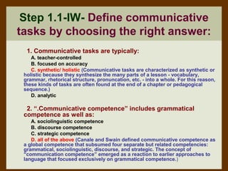 Step 1.1-IW- Define communicative
tasks by choosing the right answer:
  1. Communicative tasks are typically:
    A. teacher-controlled
    B. focused on accuracy
    C. synthetic/ holistic (Communicative tasks are characterized as synthetic or
 holistic because they synthesize the many parts of a lesson - vocabulary,
 grammar, rhetorical structure, pronuncation, etc. - into a whole. For this reason,
 these kinds of tasks are often found at the end of a chapter or pedagogical
 sequence.)
    D. analytic

  2. “.Communicative competence” includes grammatical
 competence as well as:
    A. sociolinguistic competence
    B. discourse competence
    C. strategic competence
    D. all of the above (Canale and Swain defined communicative competence as
 a global competence that subsumed four separate but related competencies:
 grammatical, sociolinguistic, discourse, and strategic. The concept of
 “communication competence” emerged as a reaction to earlier approaches to
 language that focused exclusively on grammatical competence.)
 