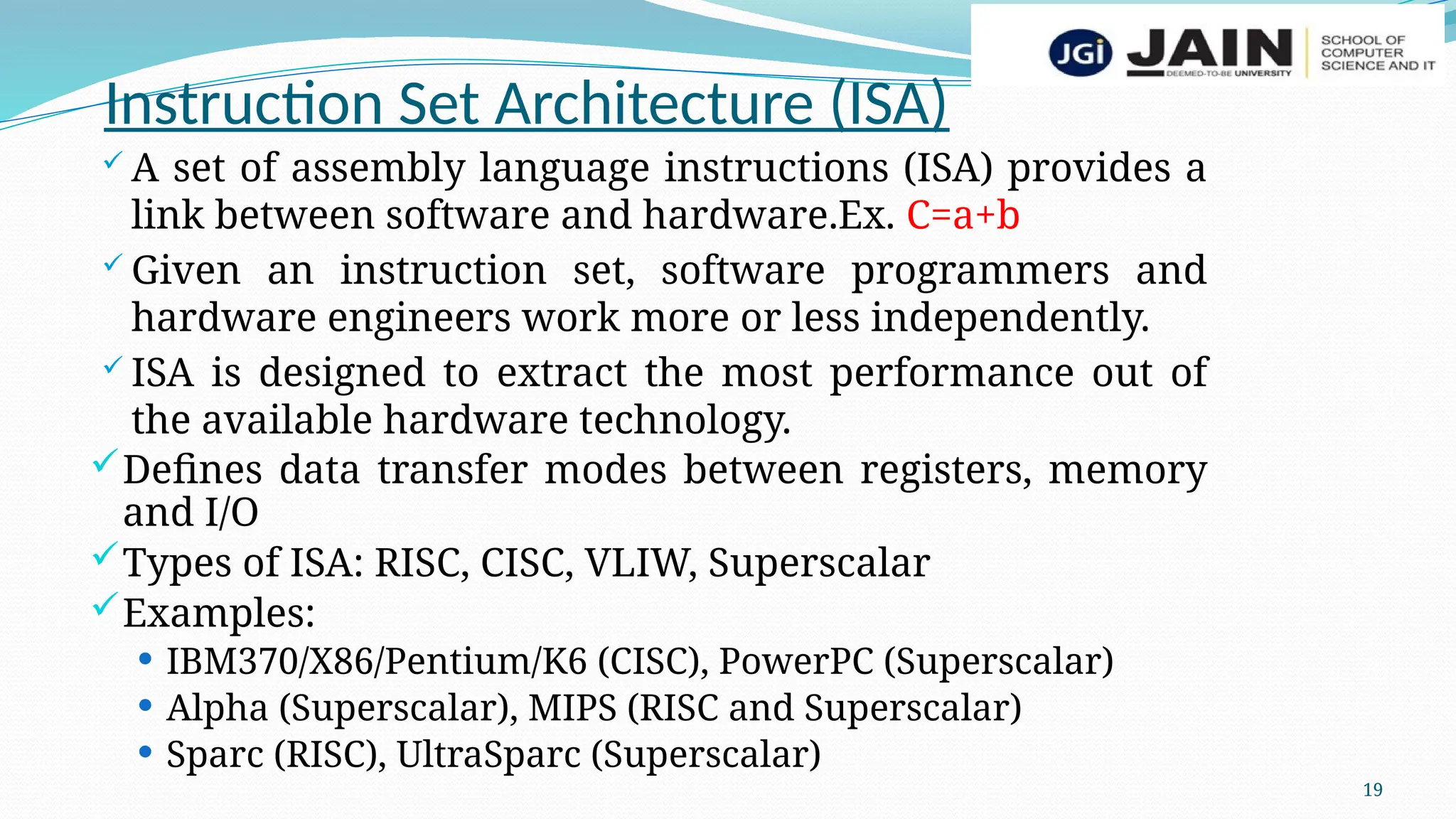 19
Instruction Set Architecture (ISA)
 A set of assembly language instructions (ISA) provides a
link between software and hardware.Ex. C=a+b
 Given an instruction set, software programmers and
hardware engineers work more or less independently.
 ISA is designed to extract the most performance out of
the available hardware technology.
Defines data transfer modes between registers, memory
and I/O
Types of ISA: RISC, CISC, VLIW, Superscalar
Examples:
 IBM370/X86/Pentium/K6 (CISC), PowerPC (Superscalar)
 Alpha (Superscalar), MIPS (RISC and Superscalar)
 Sparc (RISC), UltraSparc (Superscalar)
 