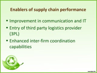 Enablers of supply chain performance

• Improvement in communication and IT
• Entry of third party logistics provider
  (3PL)
• Enhanced inter-firm coordination
  capabilities
 