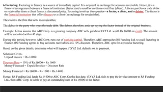 6.Factoring: Factoring in finance is a source of immediate capital. It is acquired in exchange for accounts receivable. Hence, it is a
financial arrangement between a financial institution (factor) and a small or medium-sized firm (client). A factor purchases trade debts
or receivables from a client firm at a discounted price. Factoring involves three parties—a factor, a client, and a debtor. The factor is
the financial institution that offers finance to a client (in exchange for receivables).
The client is the firm that sells its receivables;
The debtor is the party who owes the trade debt. The debtor, therefore, ends up paying the factor instead of the original business.
Example: Let us assume that ABC Corp. is a growing company. ABC sells goods to XYZ Ltd. worth Rs.16000 on credit. The amount
will be encashed within 45 days.
During this period, however, ABC Corp. runs out of working capital. Therefore, ABC approaches RS Funding Ltd. to avail factoring in
finance. RS Funding agrees to buy accounts receivables at a 10% discount. Therefore, ABC opts for a recourse factoring.
Based on the given details, determine what will happen if XYZ Ltd. defaults on its payment.
Solution: Given-
Unpaid Invoice = Rs.16000
Discount Rate = 10% of Rs.16000 = Rs.1600
Money Financed = Unpaid Invoice – Discount Rate
Money Financed = Rs.16000 – Rs.1600 = Rs.14400
Hence, RS Funding Ltd. lends Rs.14400 to ABC Corp. On the due date, if XYZ Ltd. fails to pay the invoice amount to RS Funding
Ltd., then ABC Corp. is liable to pay an outstanding sum of Rs.16000 to the factor.
 