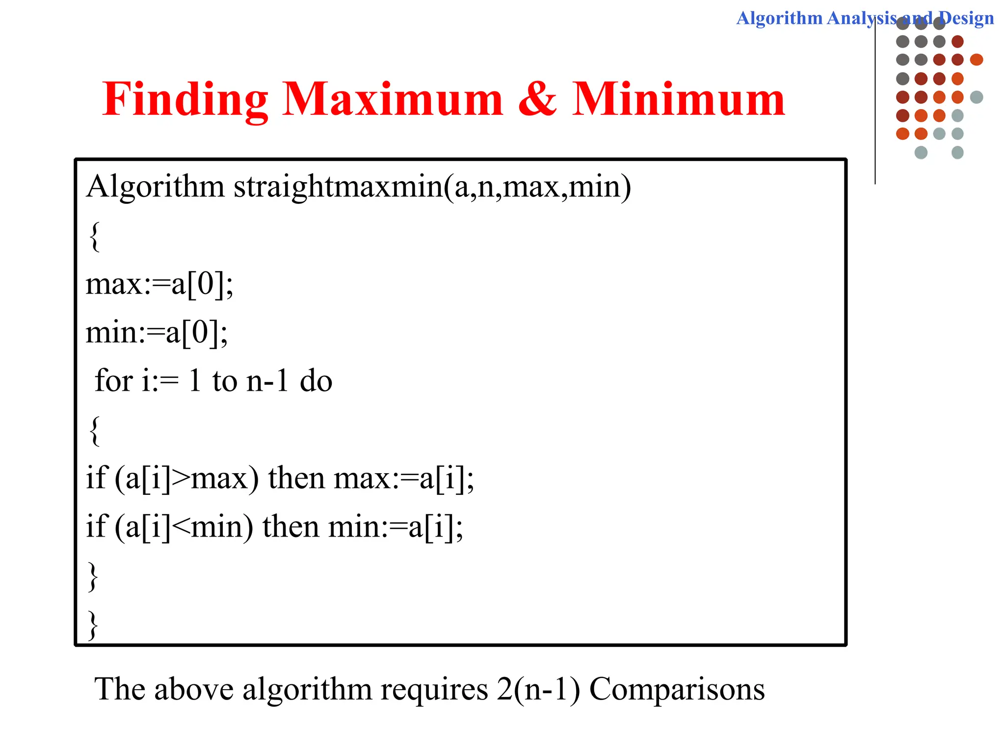 Algorithm Analysis and Design
Finding Maximum & Minimum
Algorithm straightmaxmin(a,n,max,min)
{
max:=a[0];
min:=a[0];
for i:= 1 to n-1 do
{
if (a[i]>max) then max:=a[i];
if (a[i]<min) then min:=a[i];
}
}
The above algorithm requires 2(n-1) Comparisons
 