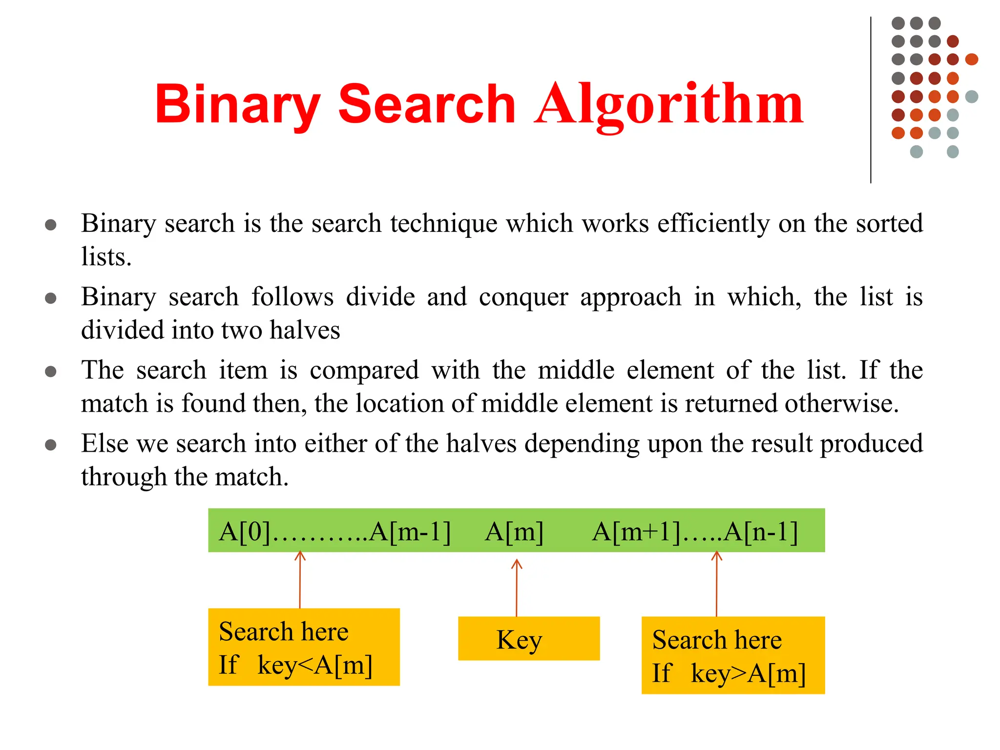 Binary Search Algorithm
 Binary search is the search technique which works efficiently on the sorted
lists.
 Binary search follows divide and conquer approach in which, the list is
divided into two halves
 The search item is compared with the middle element of the list. If the
match is found then, the location of middle element is returned otherwise.
 Else we search into either of the halves depending upon the result produced
through the match.
A[0]………..A[m-1] A[m] A[m+1]…..A[n-1]
Search here
If key<A[m]
Search here
If key>A[m]
Key
 