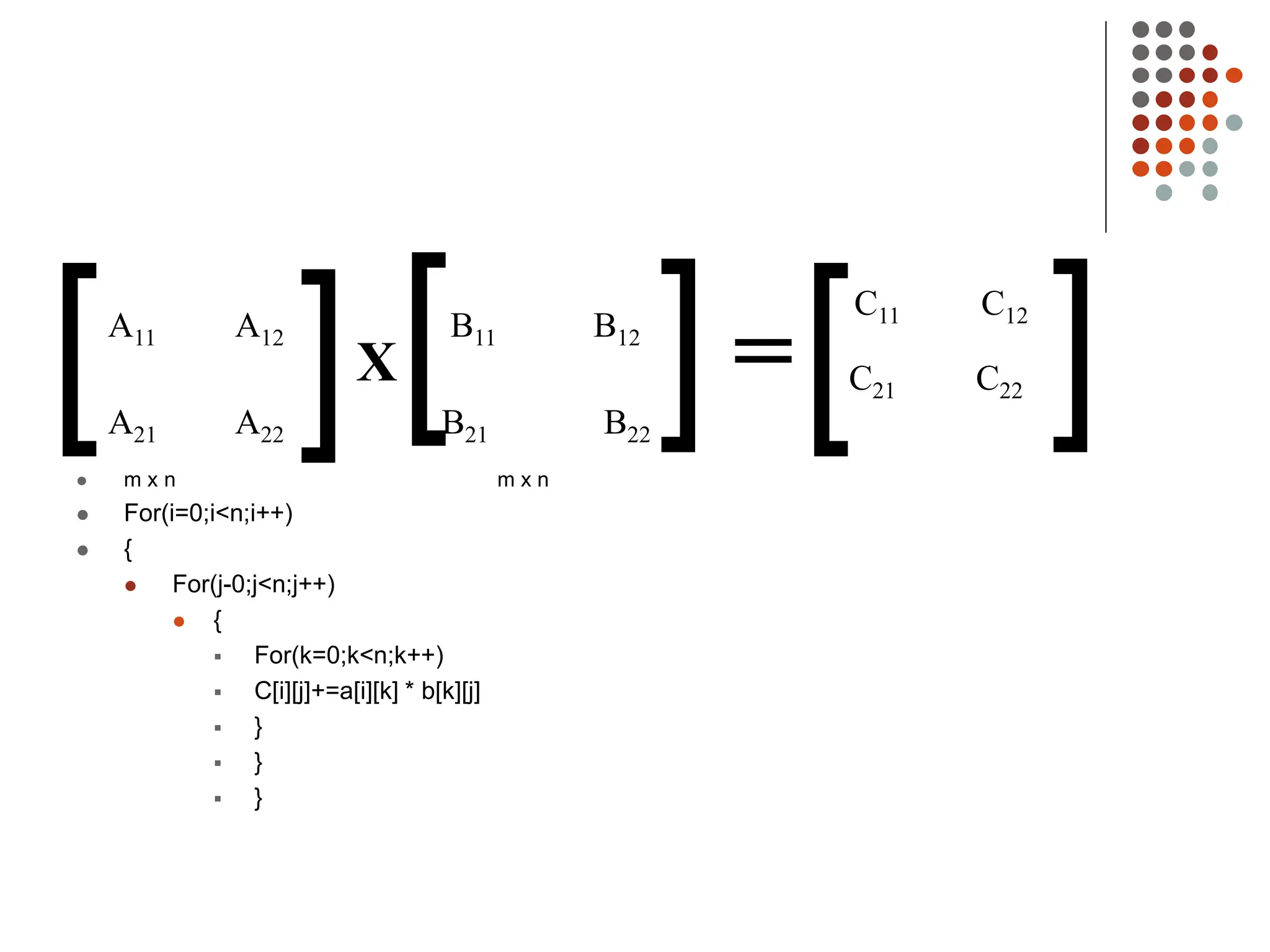 m x n m x n
 For(i=0;i<n;i++)
 {
 For(j-0;j<n;j++)
 {
 For(k=0;k<n;k++)
 C[i][j]+=a[i][k] * b[k][j]
 }
 }
 }
A11 A12 B11 B12
A21 A22 B21 B22
[ [
[
[ [ [
X =
C11 C12
C21 C22
 