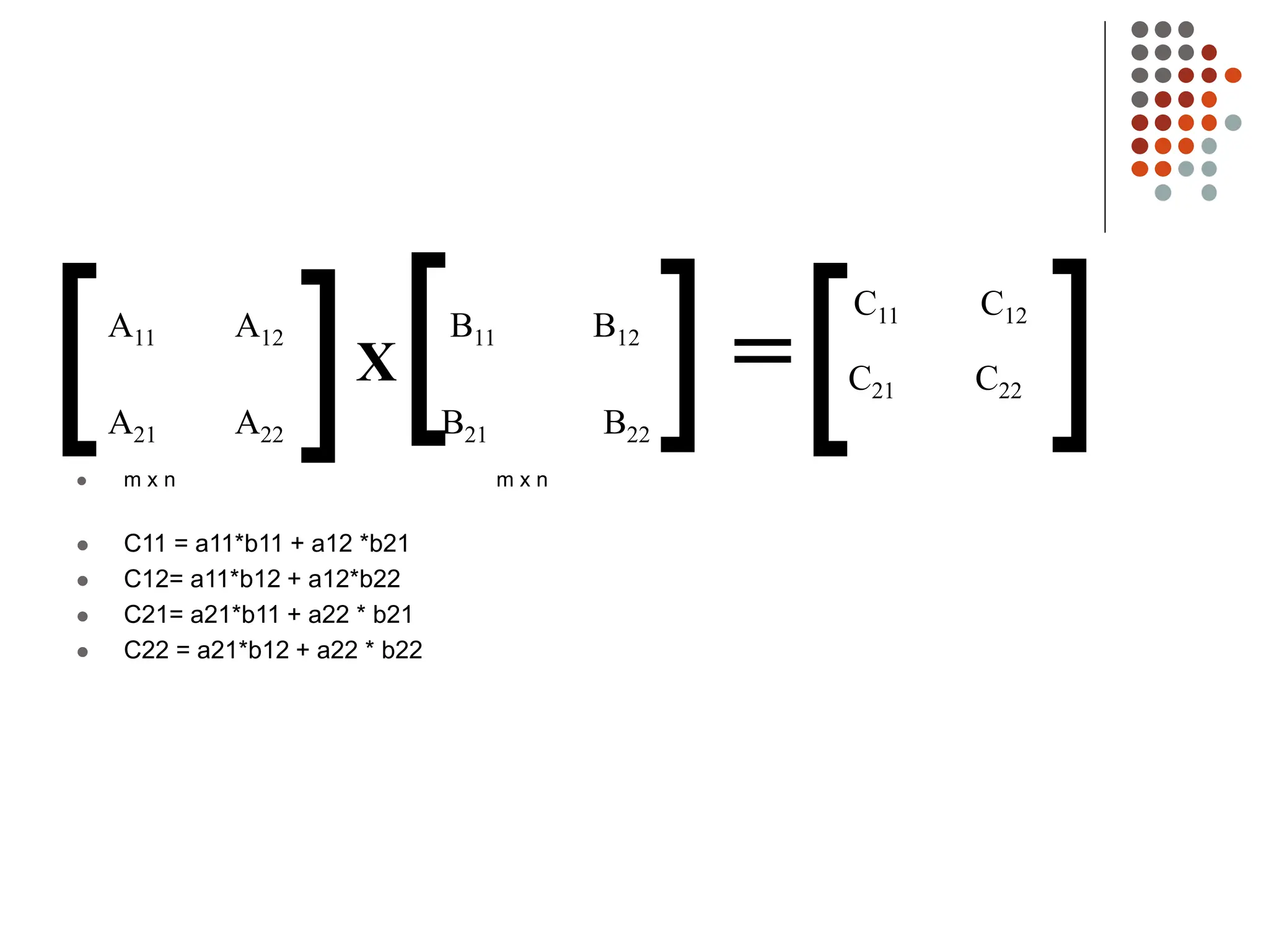  m x n m x n
 C11 = a11*b11 + a12 *b21
 C12= a11*b12 + a12*b22
 C21= a21*b11 + a22 * b21
 C22 = a21*b12 + a22 * b22
A11 A12 B11 B12
A21 A22 B21 B22
[ [
[
[ [ [
X =
C11 C12
C21 C22
 