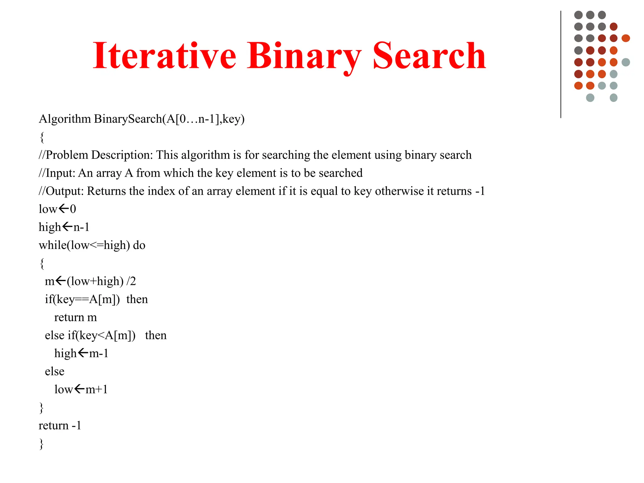 Iterative Binary Search
Algorithm BinarySearch(A[0…n-1],key)
{
//Problem Description: This algorithm is for searching the element using binary search
//Input: An array A from which the key element is to be searched
//Output: Returns the index of an array element if it is equal to key otherwise it returns -1
low0
highn-1
while(low<=high) do
{
m(low+high) /2
if(key==A[m]) then
return m
else if(key<A[m]) then
highm-1
else
lowm+1
}
return -1
}
 