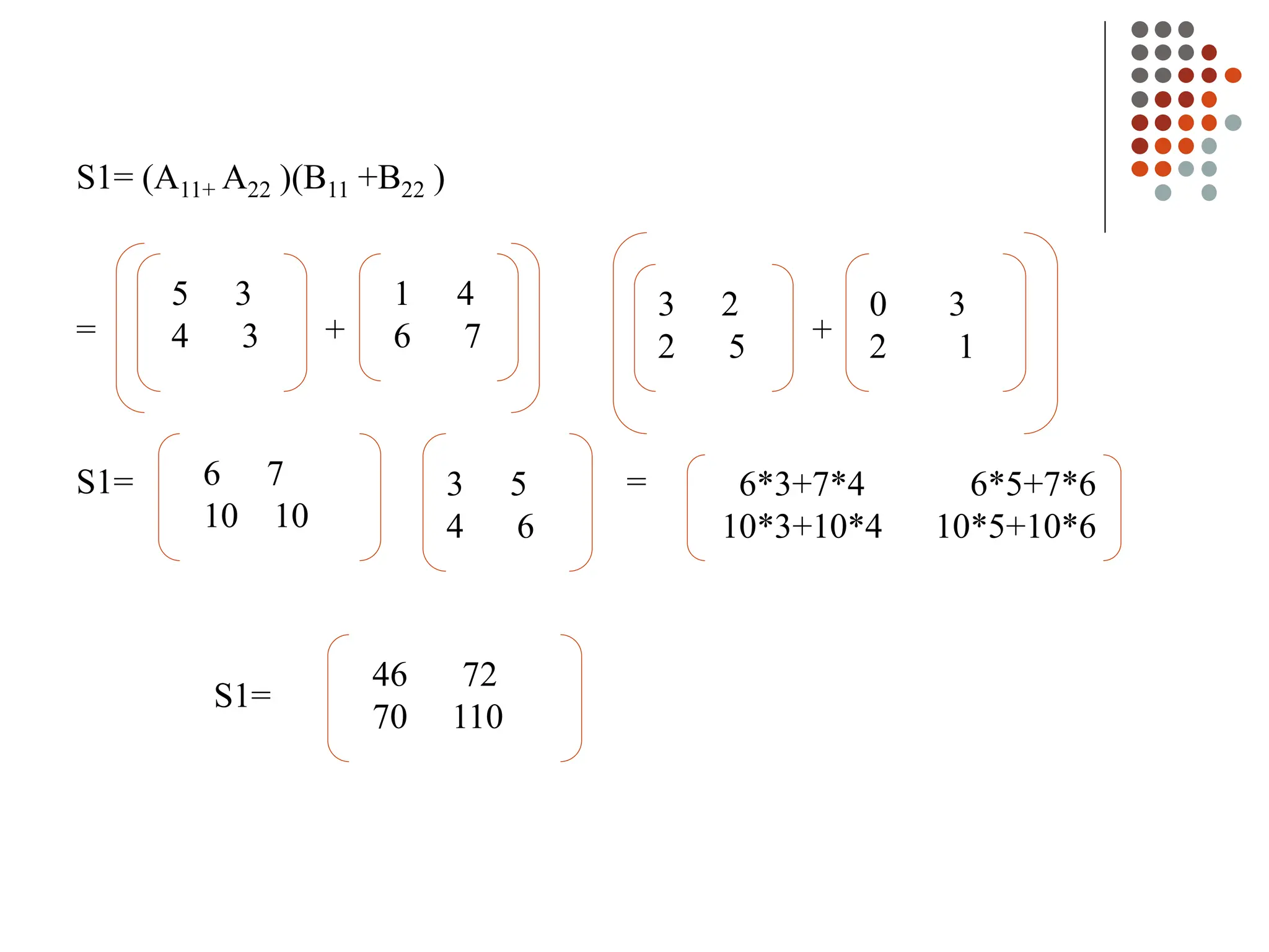 S1= (A11+ A22 )(B11 +B22 )
= + +
S1= =
5 3
4 3
1 4
6 7
3 2
2 5
0 3
2 1
6 7
10 10
3 5
4 6
6*3+7*4 6*5+7*6
10*3+10*4 10*5+10*6
46 72
70 110
S1=
 