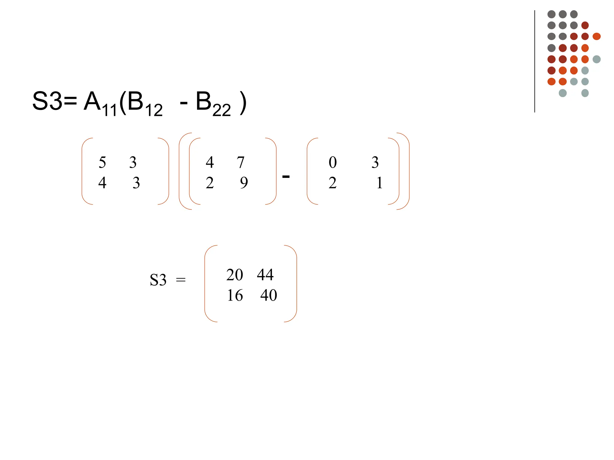 S3= A11(B12 - B22 )
-
5 3
4 3
4 7
2 9
0 3
2 1
20 44
16 40
S3 =
 