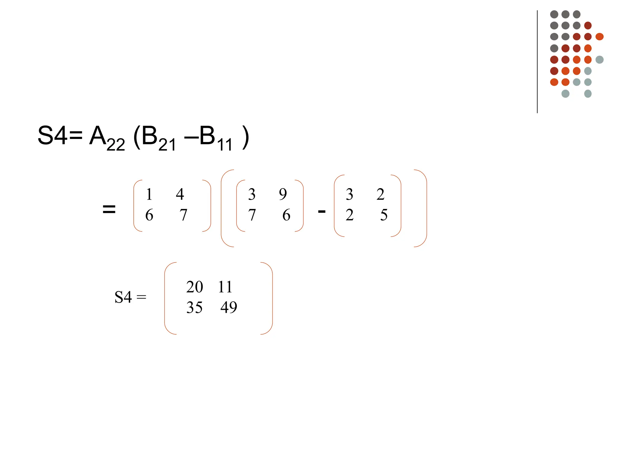 S4= A22 (B21 –B11 )
= -
1 4
6 7
3 9
7 6
3 2
2 5
20 11
35 49
S4 =
 
