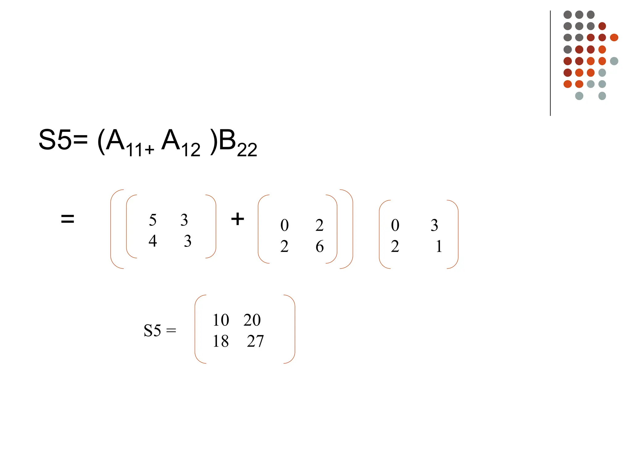 S5= (A11+ A12 )B22
= +
5 3
4 3
0 2
2 6
0 3
2 1
10 20
18 27
S5 =
 