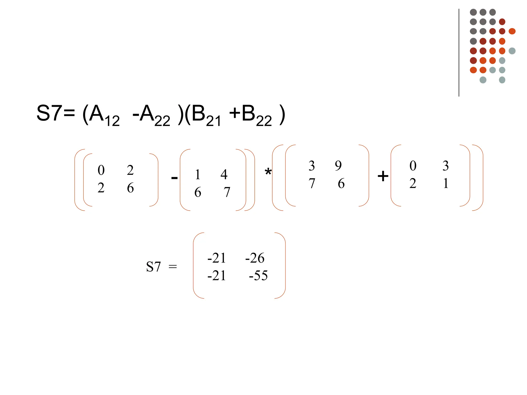 S7= (A12 -A22 )(B21 +B22 )
- * +
0 2
2 6
1 4
6 7
3 9
7 6
0 3
2 1
-21 -26
-21 -55
S7 =
 