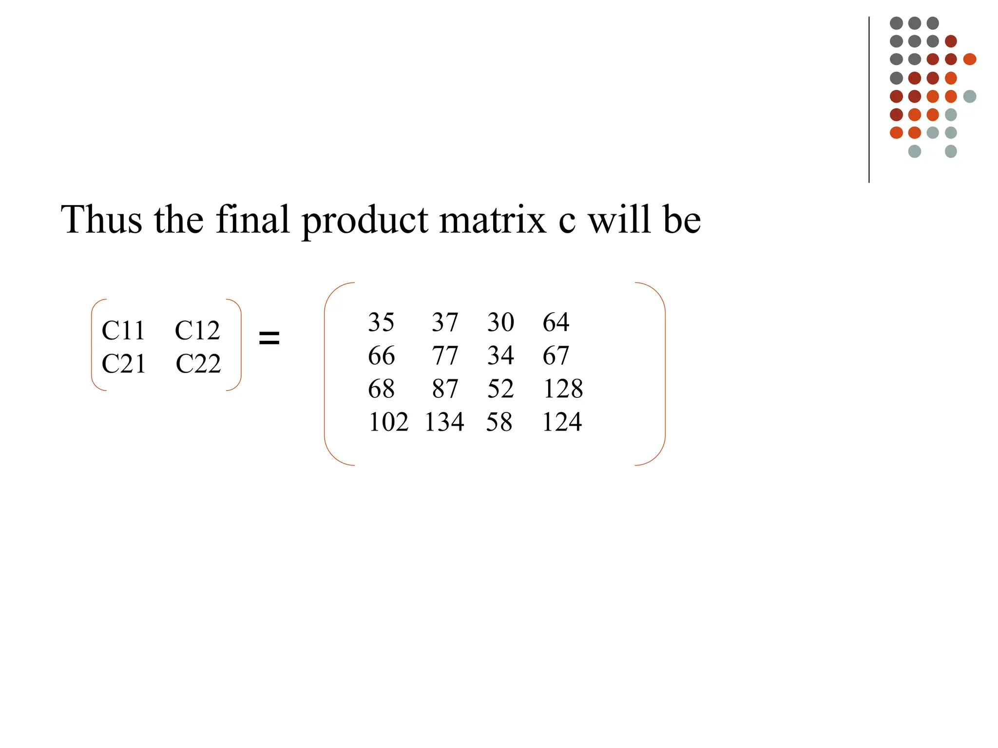 Thus the final product matrix c will be
=
C11 C12
C21 C22
35 37 30 64
66 77 34 67
68 87 52 128
102 134 58 124
 