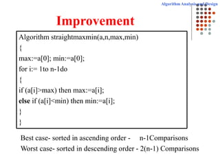 Algorithm Analysis and Design
Improvement
Algorithm straightmaxmin(a,n,max,min)
{
max:=a[0]; min:=a[0];
for i:= 1to n-1do
{
if (a[i]>max) then max:=a[i];
else if (a[i]<min) then min:=a[i];
}
}
Best case- sorted in ascending order - n-1Comparisons
Worst case- sorted in descending order - 2(n-1) Comparisons
 