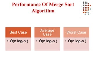 Performance Of Merge Sort
Algorithm
Best Case
• Ɵ(n log2n )
Average
Case
• Ɵ(n log2n )
Worst Case
• Ɵ(n log2n )
 