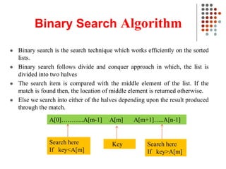 Binary Search Algorithm
 Binary search is the search technique which works efficiently on the sorted
lists.
 Binary search follows divide and conquer approach in which, the list is
divided into two halves
 The search item is compared with the middle element of the list. If the
match is found then, the location of middle element is returned otherwise.
 Else we search into either of the halves depending upon the result produced
through the match.
A[0]………..A[m-1] A[m] A[m+1]…..A[n-1]
Search here
If key<A[m]
Search here
If key>A[m]
Key
 