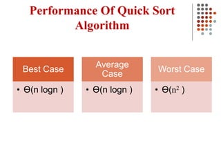 Performance Of Quick Sort
Algorithm
Best Case
• Ɵ(n logn )
Average
Case
• Ɵ(n logn )
Worst Case
• Ɵ(n2 )
 