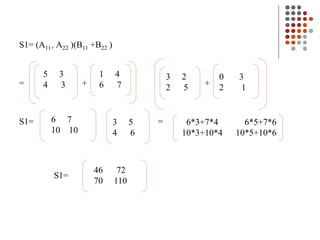S1= (A11+ A22 )(B11 +B22 )
= + +
S1= =
5 3
4 3
1 4
6 7
3 2
2 5
0 3
2 1
6 7
10 10
3 5
4 6
6*3+7*4 6*5+7*6
10*3+10*4 10*5+10*6
46 72
70 110
S1=
 