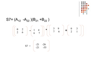 S7= (A12 -A22 )(B21 +B22 )
- * +
0 2
2 6
1 4
6 7
3 9
7 6
0 3
2 1
-21 -26
-21 -55
S7 =
 