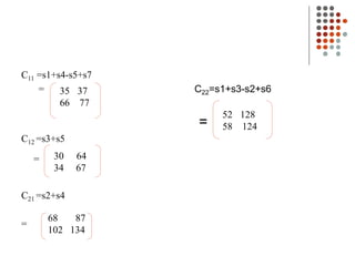 C11 =s1+s4-s5+s7
= C22=s1+s3-s2+s6
=
C12 =s3+s5
=
C21 =s2+s4
=
35 37
66 77
30 64
34 67
68 87
102 134
52 128
58 124
 