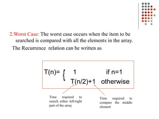 2.Worst Case: The worst case occurs when the item to be
searched is compared with all the elements in the array.
The Recurrence relation can be written as
T(n)= 1 if n=1
T(n/2)+1 otherwise
Time required to
search either left/right
part of the array
Time required to
compare the middle
element
 