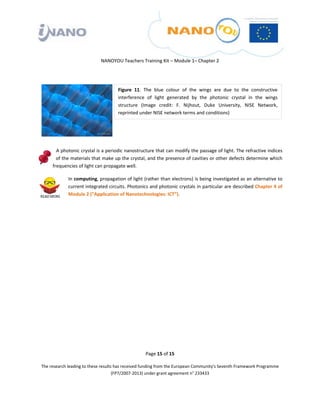  

 

 

                                 NANOYOU Teachers Training Kit – Module 1– Chapter 2 

 


                                             Figure  11.  The  blue  colour  of  the  wings  are  due  to  the  constructive 
                                             interference  of  light  generated  by  the  photonic  crystal  in  the  wings 
                                             structure  (Image  credit:  F.  Nijhout,  Duke  University,  NISE  Network, 
                                             reprinted under NISE network terms and conditions) 

                                          

                                          

           A photonic crystal is a periodic nanostructure that can modify the passage of light. The refractive indices 
           of the materials that make up the crystal, and the presence of cavities or other defects determine which 
         frequencies of light can propagate well.  

                 In computing, propagation of light (rather than electrons) is being investigated as an alternative to 
                 current integrated circuits. Photonics and photonic crystals in particular are described Chapter 4 of 
                 Module 2 (“Application of Nanotechnologies: ICT”). 

 




                                                          Page 15 of 15 

    The research leading to these results has received funding from the European Community's Seventh Framework Programme 
                                         (FP7/2007‐2013) under grant agreement n° 233433 

 
 