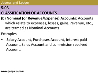 Journal and Ledger
5.03
CLASSIFICATION OF ACCOUNTS
(b) Nominal (or Revenue/Expense) Accounts: Accounts
which relate to expenses, losses, gains, revenue, etc.,
are termed as Nominal Accounts.
Examples
 Salary Account, Purchases Account, Interest paid
Account, Sales Account and commission received
Account.
www.googlevu.com Slide 14/47
 