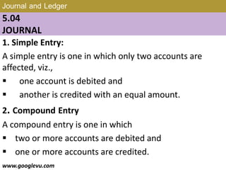 Journal and Ledger
5.04
JOURNAL
1. Simple Entry:
A simple entry is one in which only two accounts are
affected, viz.,
 one account is debited and
 another is credited with an equal amount.
2. Compound Entry
A compound entry is one in which
 two or more accounts are debited and
 one or more accounts are credited.
www.googlevu.com Slide 28/47
 