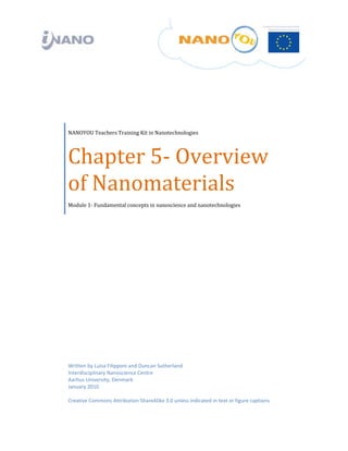  

 

                  

 

 




    NANOYOU Teachers Training Kit in Nanotechnologies




    Chapter 5‐ Overview 
    of Nanomaterials 
    Module 1‐ Fundamental concepts in nanoscience and nanotechnologies




    Written by Luisa Filipponi and Duncan Sutherland
    Interdisciplinary Nanoscience Centre 
    Aarhus University, Denmark 
    January 2010 
     
    Creative Commons Attribution ShareAlike 3.0 unless indicated in text or figure captions  
 