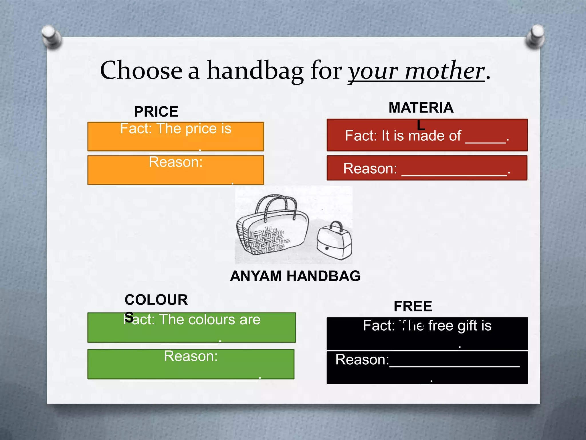 Choose a handbag for your mother.
MATERIAL

PRICE

Fact: The price is ______.

Fact: It is made of _____.

Reason: ______________.

Reason: _____________.

ANYAM HANDBAG
COLOURS

FREE GIFT

Fact: The colours are _______.

Fact: The free gift is ________.

Reason: _________________.

Reason:_________________.

 