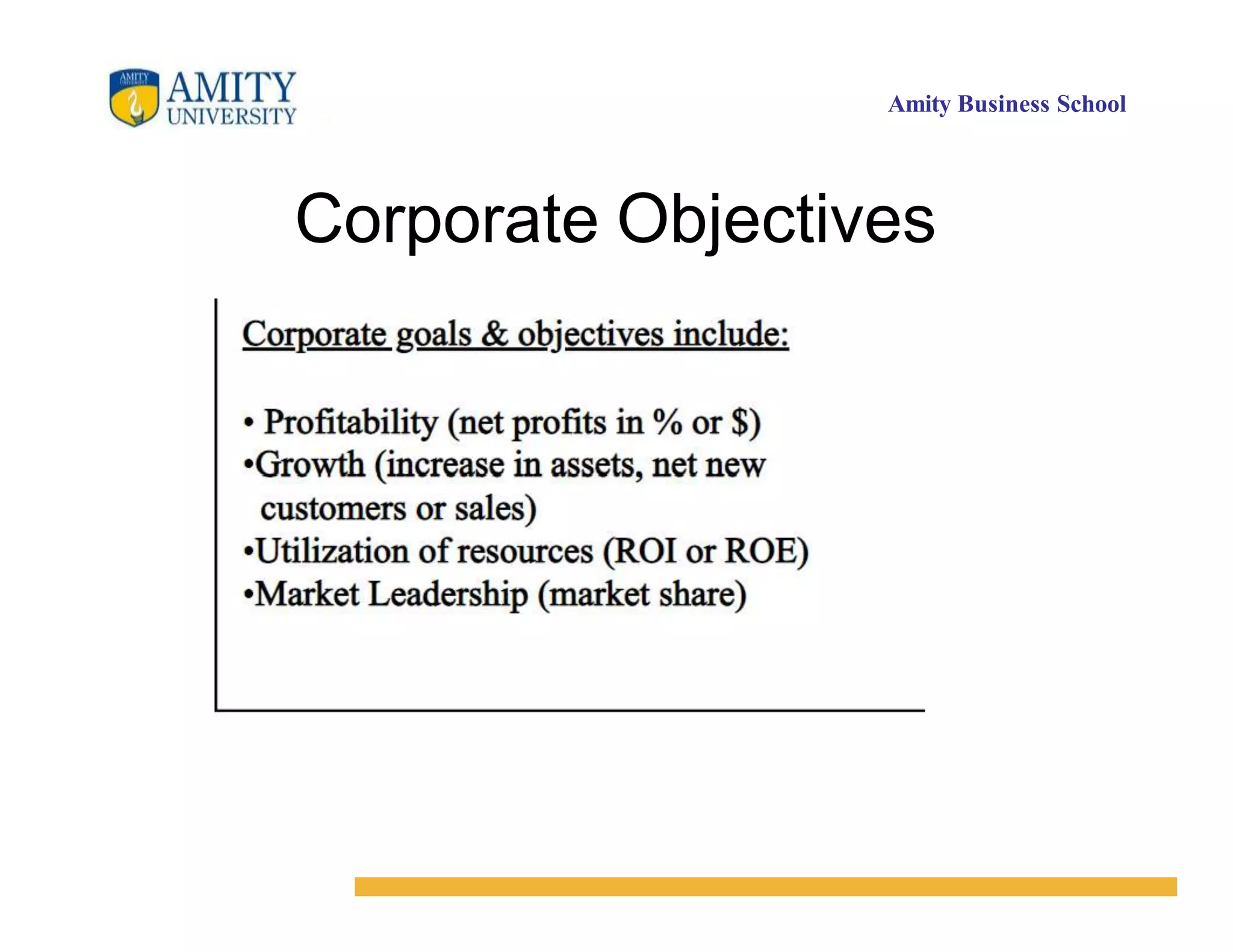 Amity Business School
Corporate Objectives
 