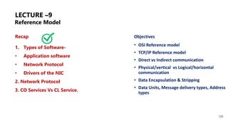LECTURE –9
Recap
1. Types of Software-
• Application software
• Network Protocol
• Drivers of the NIC
2. Network Protocol
3. CO Services Vs CL Service.
Objectives
• OSI Reference model
• TCP/IP Reference model
• Direct vs Indirect communication
• Physical/vertical vs Logical/horizontal
communication
• Data Encapsulation & Stripping
• Data Units, Message delivery types, Address
types
125
Reference Model
 