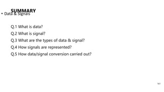 SUMMARY
Q.1 What is data?
Q.2 What is signal?
Q.3 What are the types of data & signal?
Q.4 How signals are represented?
Q.5 How data/signal conversion carried out?
• Data & Signals
161
 