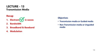 LECTURE - 13
Recap
1. Electromagnetic waves
2. Bandwidth
3. Broadband & Baseband
4. Modulation
Objectives
• Transmission media or Guided media
• Non-Transmission media or Unguided
media
174
Transmission Media
 