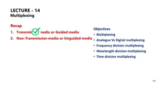 LECTURE - 14
Recap
1. Transmission media or Guided media
2. Non-Transmission media or Unguided media
Objectives
• Multiplexing
• Analogue Vs Digital multiplexing
• Frequency division multiplexing
• Wavelength division multiplexing
• Time division multiplexing
187
Multiplexing
 