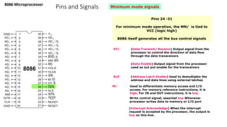 Pins and Signals
8086 Microprocessor
Pins 24 -31
For minimum mode operation, the MN/ is tied to
VCC (logic high)
8086 itself generates all the bus control signals
DT/ (Data Transmit/ Receive) Output signal from the
processor to control the direction of data flow
through the data transceivers
(Data Enable) Output signal from the processor
used as out put enable for the transceivers
ALE (Address Latch Enable) Used to demultiplex the
address and data lines using external latches
M/ Used to differentiate memory access and I/O
access. For memory reference instructions, it is
high. For IN and OUT instructions, it is low.
Write control signal; asserted low Whenever
processor writes data to memory or I/O port
(Interrupt Acknowledge) When the interrupt
request is accepted by the processor, the output is
low on this line.
Minimum mode signals
 