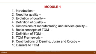 11/8/2021 15
Vidya Academy of Science and Technology Thrissur
MODULE 1
1. Introduction –
2. Need for quality –
3. Evolution of quality –
4. Definition of quality –
5. Dimensions of manufacturing and service quality –
6. Basic concepts of TQM –
7. Definition of TQM –
8. TQM Framework –
9. Contributions of Deming, Juran and Crosby –
10.Barriers to TQM
 