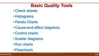 9-85
Basic Quality Tools
•Check sheets
•Histograms
•Pareto Charts
•Cause-and-effect diagrams
•Control charts
•Scatter diagrams
•Run charts
•Flowcharts
8 November 2021
Vidya Academy of Science and Technology Thrissur
 