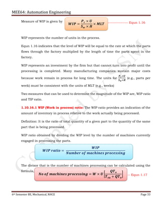 MEE64: Automation Engineering
6th Semester BE, Mechanical, NHCE Page 33
Measure of WIP is given by
WIP represents the number of units in the process.
Equn 1.16 indicates that the level of WIP will be equal to the rate at which the parts
flows through the factory multiplied by the length of time the parts spent in the
factory.
WIP represents an investment by the firm but that cannot turn into profit until the
processing is completed. Many manufacturing companies sustain major costs
because work remain in process for long time. The units for
𝑷 𝒄×𝑼
𝑺 𝒘×𝑯
(e.g., parts per
week) must be consistent with the units of MLT (e.g., weeks)
Two measures that can be used to determine the magnitude of the WIP are, WIP ratio
and TIP ratio.
1.10.16.1 WIP (Work in process) ratio: The WIP ratio provides an indication of the
amount of inventory in process relative to the work actually being processed.
Definition: It is the ratio of total quantity of a given part to the quantity of the same
part that is being processed.
WIP ratio obtained by dividing the WIP level by the number of machines currently
engaged in processing the parts.
The divisor that is the number of machines processing can be calculated using the
formula,
𝑾𝑰𝑷 =
𝑷 𝒄 × 𝑼
𝑺 𝒘 × 𝑯
× 𝑴𝑳𝑻 ---------------- Equn 1.16
𝑾𝑰𝑷 𝒓𝒂𝒕𝒊𝒐 =
𝑾𝑰𝑷
𝑵𝒖𝒎𝒃𝒆𝒓 𝒐𝒇 𝒎𝒂𝒄𝒉𝒊𝒏𝒆𝒔 𝒑𝒓𝒐𝒄𝒆𝒔𝒔𝒊𝒏𝒈
𝑵𝒐 𝒐𝒇 𝒎𝒂𝒄𝒉𝒊𝒏𝒆𝒔 𝒑𝒓𝒐𝒄𝒆𝒔𝒔𝒊𝒏𝒈 = 𝑾 × 𝑼 ൤
𝑸𝑻 𝒐
𝑻 𝒔𝒖 + 𝑸𝑻 𝒐
൨ -- Equn 1.17
 