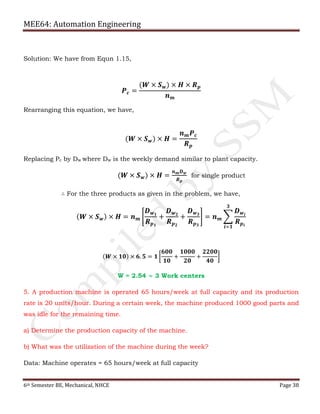 MEE64: Automation Engineering
6th Semester BE, Mechanical, NHCE Page 38
Solution: We have from Equn 1.15,
𝑷 𝒄 =
(𝑾 × 𝑺 𝒘) × 𝑯 × 𝑹 𝒑
𝒏 𝒎
Rearranging this equation, we have,
(𝑾 × 𝑺 𝒘) × 𝑯 =
𝒏 𝒎 𝑷 𝒄
𝑹 𝒑
Replacing Pc by Dw where Dw is the weekly demand similar to plant capacity.
(𝑾 × 𝑺 𝒘) × 𝑯 =
𝒏 𝒎 𝑫 𝒘
𝑹 𝒑
for single product
∴ For the three products as given in the problem, we have,
(𝑾 × 𝑺 𝒘) × 𝑯 = 𝒏 𝒎 [
𝑫 𝒘 𝟏
𝑹 𝒑 𝟏
+
𝑫 𝒘 𝟐
𝑹 𝒑 𝟐
+
𝑫 𝒘 𝟑
𝑹 𝒑 𝟑
] = 𝒏 𝒎 ෍
𝑫 𝒘𝒊
𝑹 𝒑 𝒊
𝟑
𝒊=𝟏
(𝑾 × 𝟏𝟎) × 𝟔. 𝟓 = 𝟏 ൤
𝟔𝟎𝟎
𝟏𝟎
+
𝟏𝟎𝟎𝟎
𝟐𝟎
+
𝟐𝟐𝟎𝟎
𝟒𝟎
൨
W = 2.54 ≈ 3 Work centers
5. A production machine is operated 65 hours/week at full capacity and its production
rate is 20 units/hour. During a certain week, the machine produced 1000 good parts and
was idle for the remaining time.
a) Determine the production capacity of the machine.
b) What was the utilization of the machine during the week?
Data: Machine operates = 65 hours/week at full capacity
 
