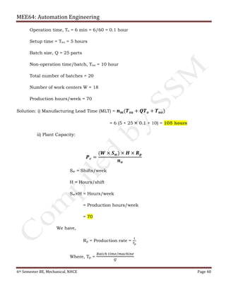 MEE64: Automation Engineering
6th Semester BE, Mechanical, NHCE Page 40
Operation time, To = 6 min = 6/60 = 0.1 hour
Setup time = Tsu = 5 hours
Batch size, Q = 25 parts
Non-operation time/batch, Tno = 10 hour
Total number of batches = 20
Number of work centers W = 18
Production hours/week = 70
Solution: i) Manufacturing Lead Time (MLT) = 𝒏 𝒎(𝑻 𝒔𝒖 + 𝑸𝑻 𝒐 + 𝑻 𝒏𝒐)
= 6 (5 + 25 × 0.1 + 10) = 105 hours
ii) Plant Capacity:
𝑷 𝒄 =
(𝑾 × 𝑺 𝒘) × 𝑯 × 𝑹 𝒑
𝒏 𝒐
Sw = Shifts/week
H = Hours/shift
Sw×H = Hours/week
= Production hours/week
= 70
We have,
Rp = Production rate =
1
𝑇𝑝
Where, Tp =
𝐵𝑎𝑡𝑐ℎ 𝑡𝑖𝑚𝑒/𝑚𝑎𝑐ℎ𝑖𝑛𝑒
𝑄
 